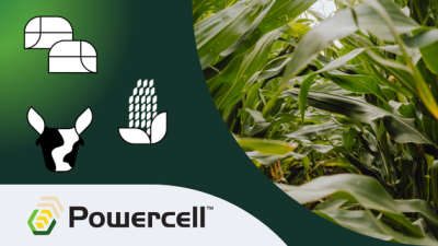 Powercell-Logo auf grünem Banner, daneben Nahaufnahme grüner Maisblätter