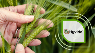 Hand hält grüne Ähren; rechts grünes Hydido-Logo auf transparentem Hintergrund