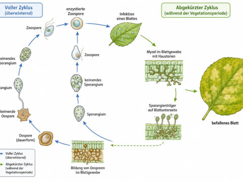 Grafik zum Lebenszyklus von Phytophthora infestans und Kartoffelkrankheit mit Blattfoto