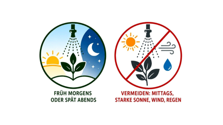 Grafik: links Tag‑Nacht‑Symbol, rechts Warnzeichen vor Mittagshitze und Regen