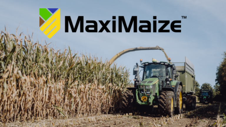Traktor mit Häcksler erntet Maisfeld; MaxiMaize-Logo links oben.