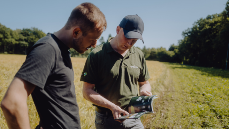 Zwei Männer auf Feld schauen auf Drohnen-Fernsteuerung, sonniger Tag.
