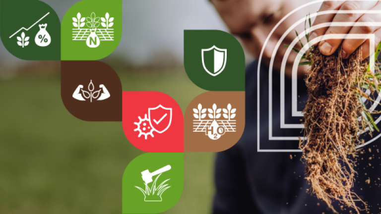 Landwirt mit Pflanze; Symbole für Landwirtschaft, Schutz und Nachhaltigkeit auf grünen Icons