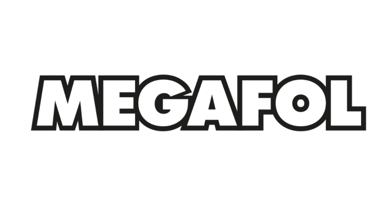 Schriftzug „MEGAFOL“ in Weiß mit schwarzem Rand auf kariertem Hintergrund