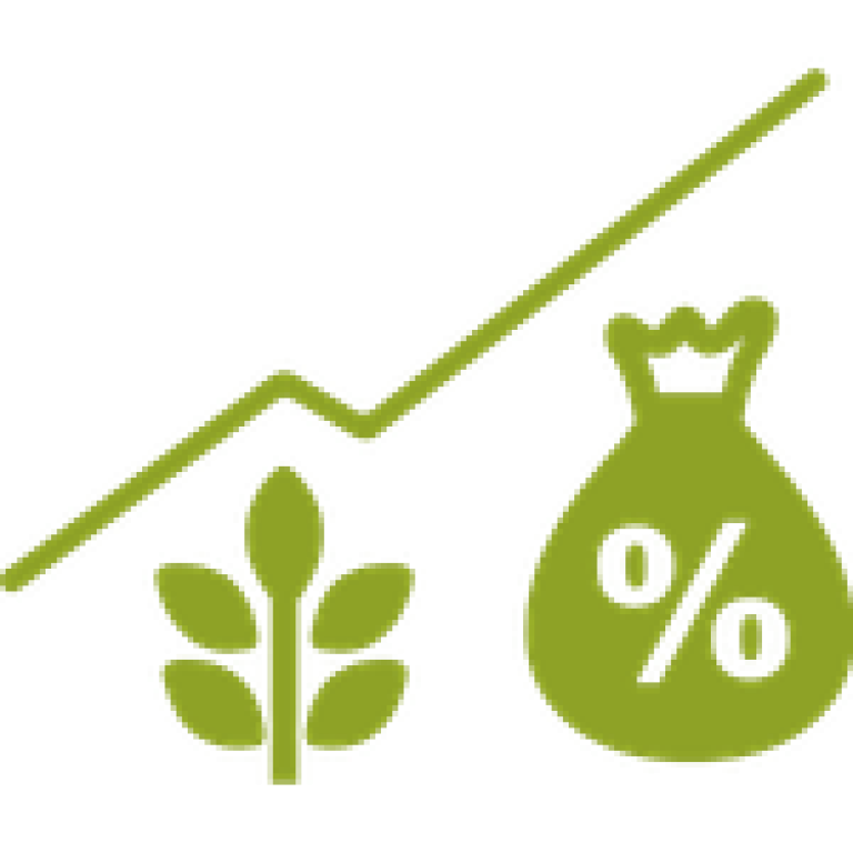 Grüne Grafik: Pflanze, Geldsack mit Prozentzeichen und steigender Linie