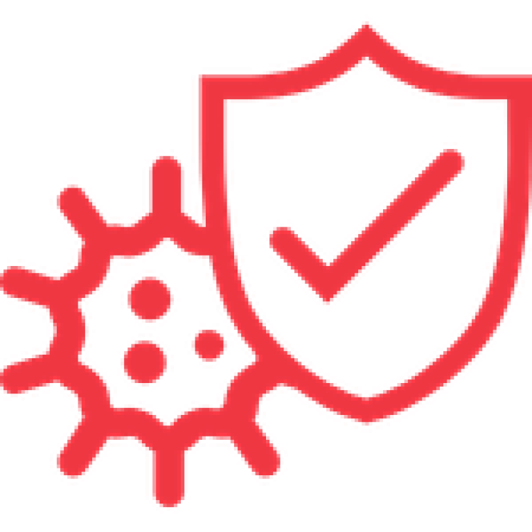 Rotes Schild mit Häkchen neben Virus, Symbol für Sicherheitseinstellungen
