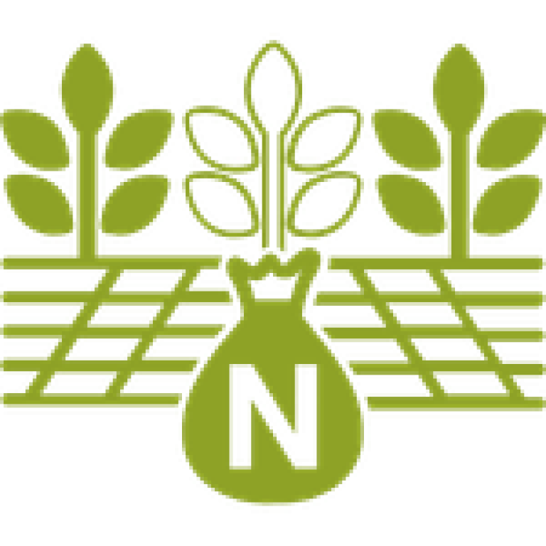 Grünes Logo mit drei Pflanzen über einem Raster und einem Blatt mit „N“
