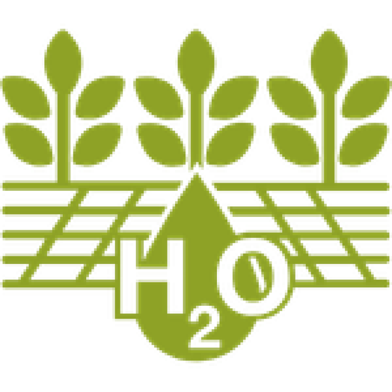Grünes Landwirtschafts-Icon mit Pflanzensymbolen und Wassertropfen über Feldlinien