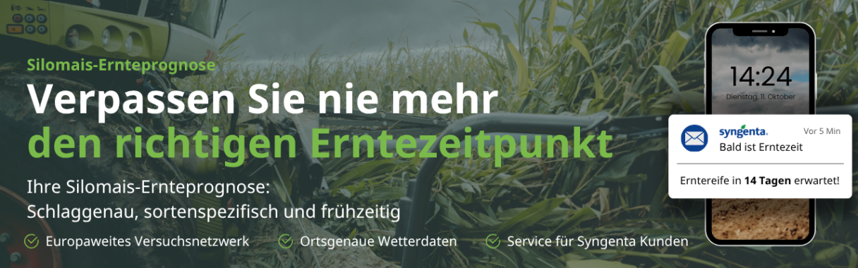 Werbeanzeige: Mann schaut auf Smartphone, Text über „Ernteprognose"