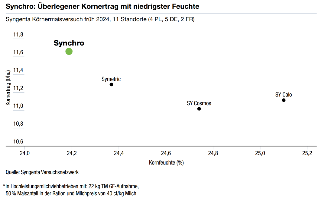 Diagramm: Synchro: Überlegener Kornertrag mit niedrigster Feuchte
