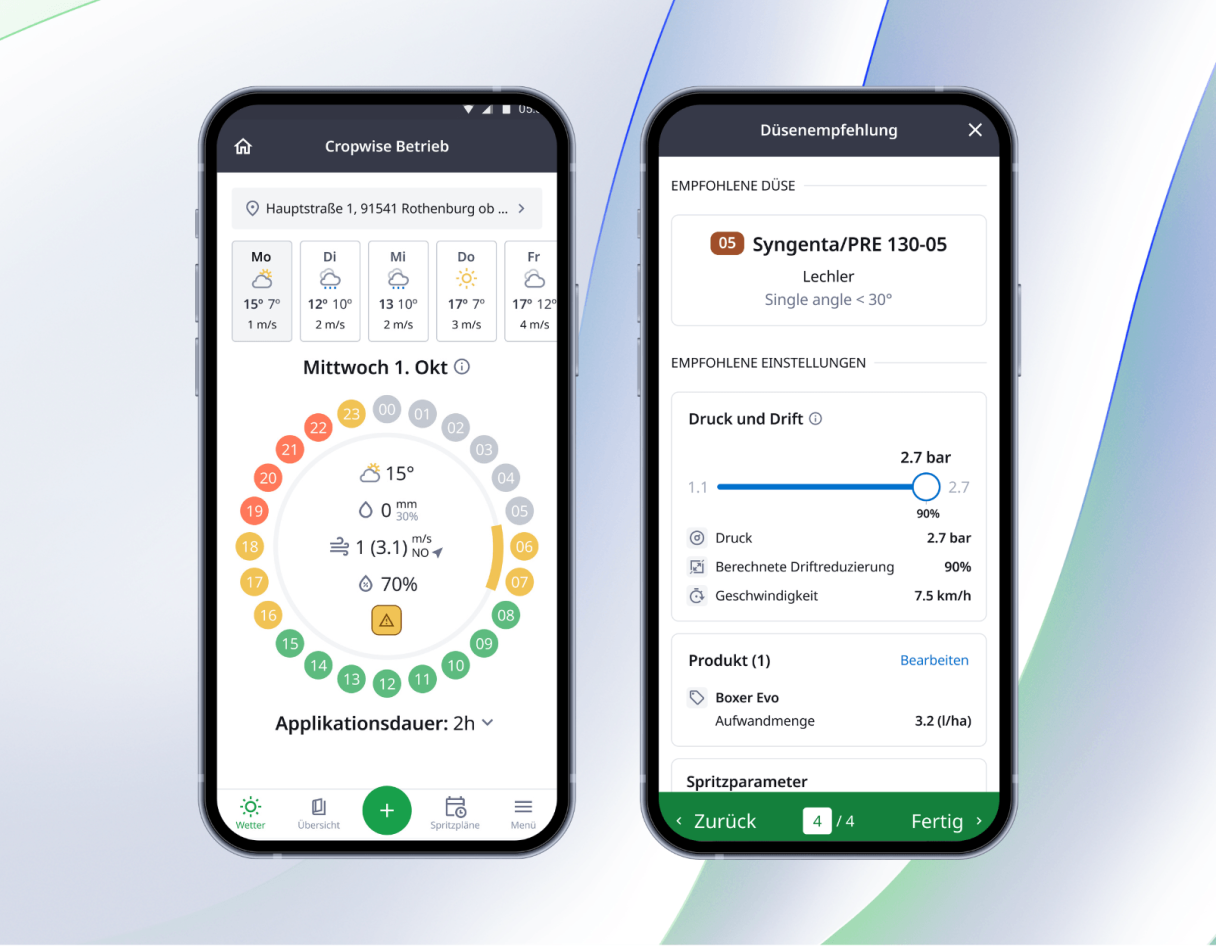 Stündliche Wettervorhersage und optimales Spritzfenster in der Cropwise Spray Assist App