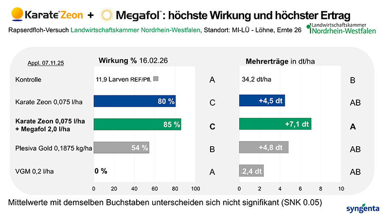 Balkendiagramm: Karate Zeon + Megafol, höchste Wirkung und Ertrag gegen Rapserdfloh