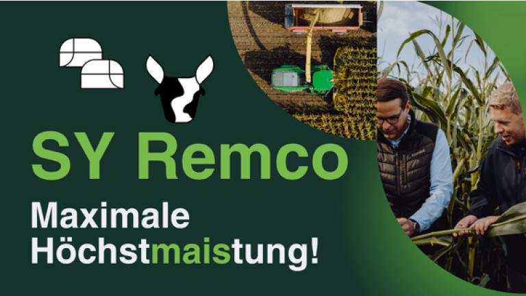 Werbegrafik mit „SY Remco“, „Maximale Höchstmaistung!“ und zwei Männern im Gewächshaus