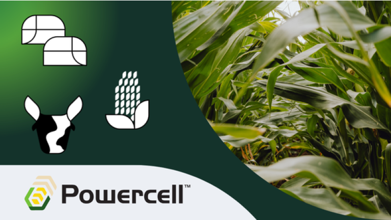 Powercell-Logo auf grünem Banner, daneben Nahaufnahme grüner Maisblätter