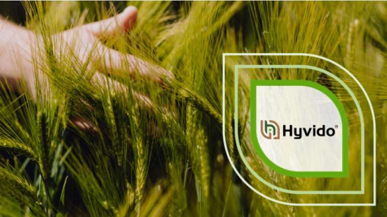 Hand streicht durch grünes Getreidefeld, rechts Hyvido-Logo im Rahmen